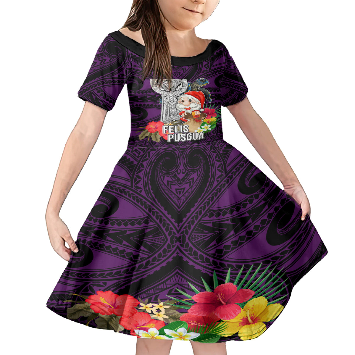 Custom Guam Christmas Family Matching Puletasi Dress and Hawaiian Shirt Santa Gift Latte Stone and Sea Turle Mix Hibiscus Chamorro Pink Style LT03 Daughter's Dress Pink - Polynesian Pride