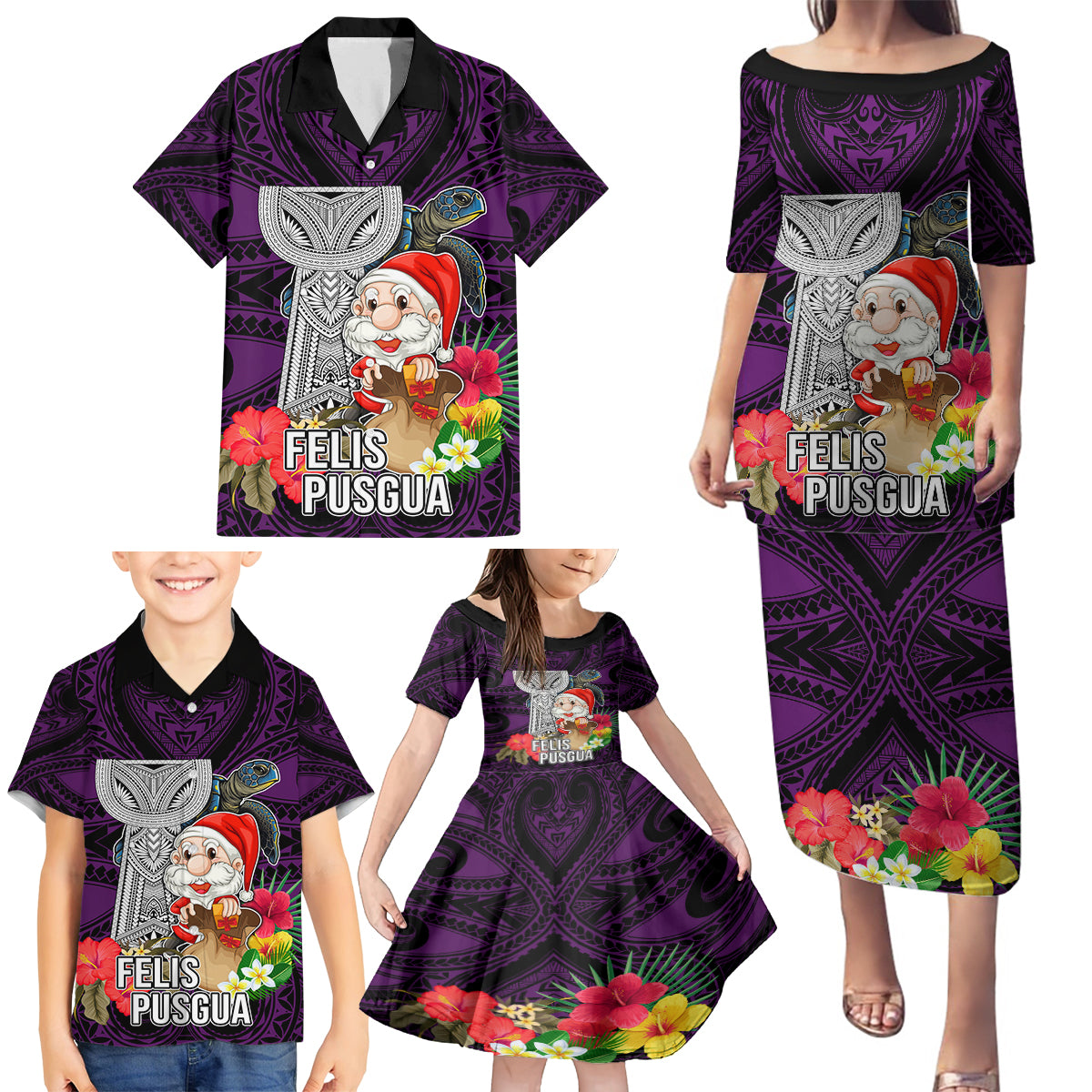 Custom Guam Christmas Family Matching Puletasi Dress and Hawaiian Shirt Santa Gift Latte Stone and Sea Turle Mix Hibiscus Chamorro Pink Style LT03 - Polynesian Pride