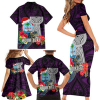 Custom Guam Christmas Family Matching Short Sleeve Bodycon Dress and Hawaiian Shirt Santa Gift Latte Stone and Sea Turle Mix Hibiscus Chamorro Pink Style LT03