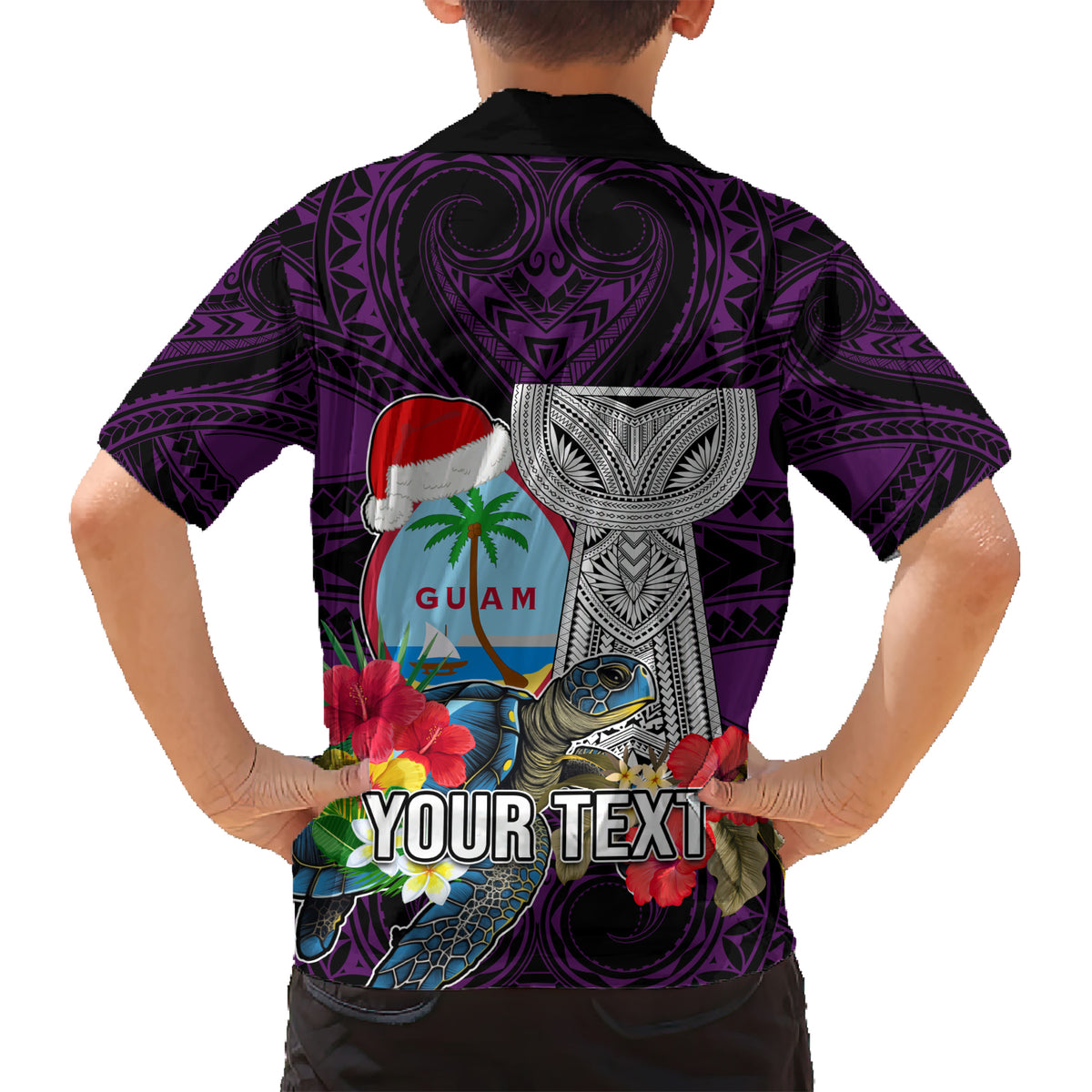 Custom Guam Christmas Kid Hawaiian Shirt Santa Gift Latte Stone and Sea Turle Mix Hibiscus Chamorro Pink Style LT03
