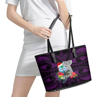 Custom Guam Christmas Leather Tote Bag Santa Gift Latte Stone and Sea Turle Mix Hibiscus Chamorro Pink Style LT03