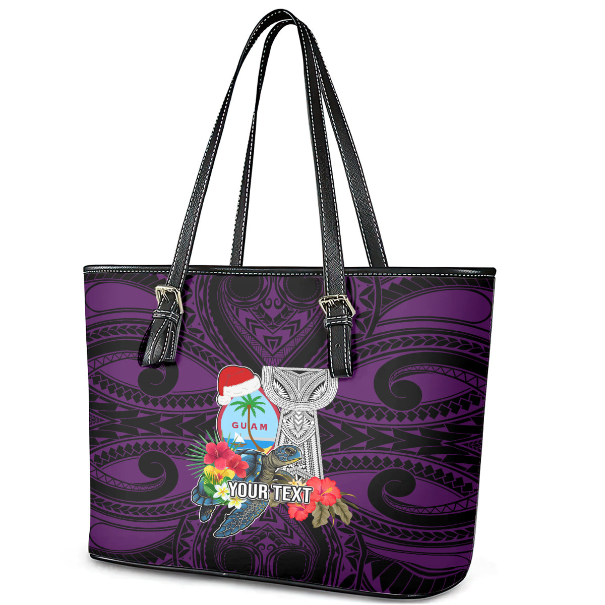 Custom Guam Christmas Leather Tote Bag Santa Gift Latte Stone and Sea Turle Mix Hibiscus Chamorro Pink Style LT03