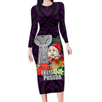 Custom Guam Christmas Long Sleeve Bodycon Dress Santa Gift Latte Stone and Sea Turle Mix Hibiscus Chamorro Pink Style LT03 Long Dress Pink - Polynesian Pride