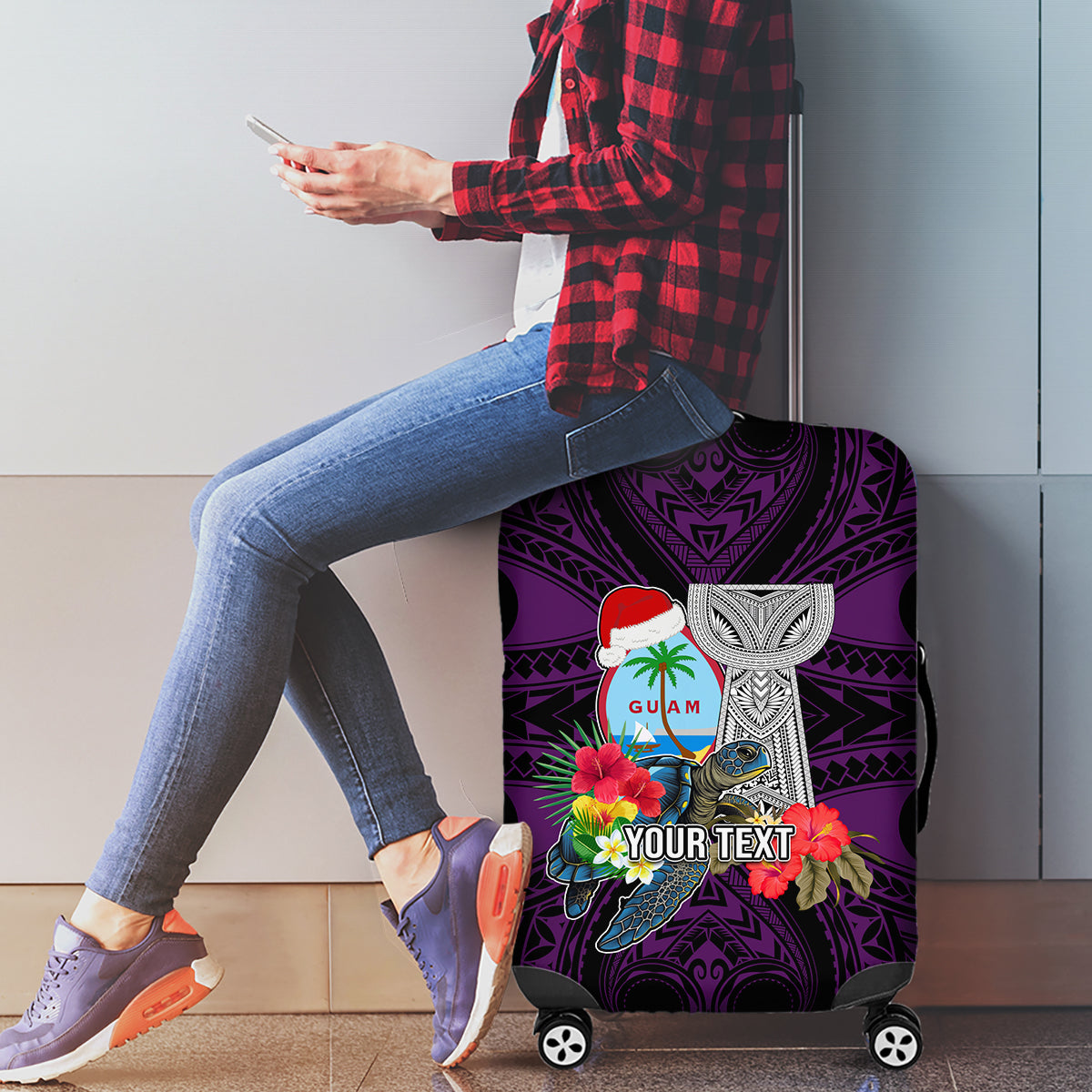 Custom Guam Christmas Luggage Cover Santa Gift Latte Stone and Sea Turle Mix Hibiscus Chamorro Pink Style LT03
