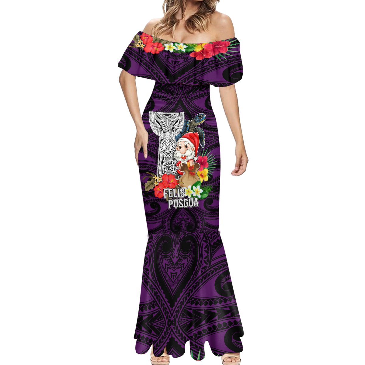 Custom Guam Christmas Mermaid Dress Santa Gift Latte Stone and Sea Turle Mix Hibiscus Chamorro Pink Style LT03