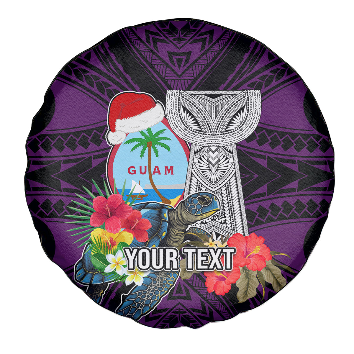 Custom Guam Christmas Spare Tire Cover Santa Gift Latte Stone and Sea Turle Mix Hibiscus Chamorro Pink Style LT03