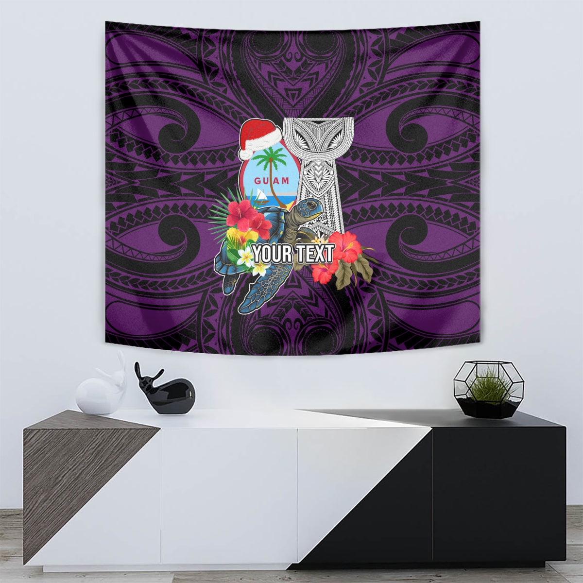 Custom Guam Christmas Tapestry Santa Gift Latte Stone and Sea Turle Mix Hibiscus Chamorro Pink Style LT03
