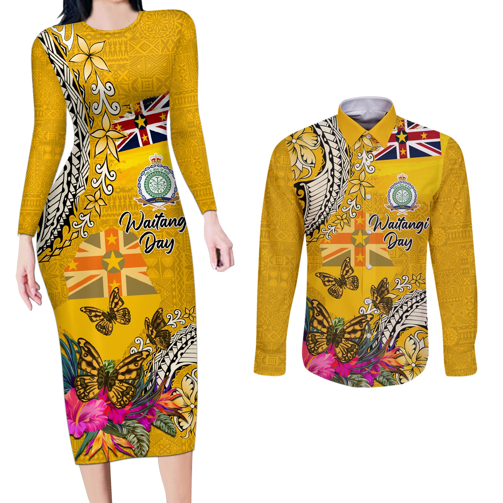 Niue Waitangi Couples Matching Long Sleeve Bodycon Dress and Long Sleeve Button Shirt Tropical Flower Tapa Pattern LT03 Yellow - Polynesian Pride