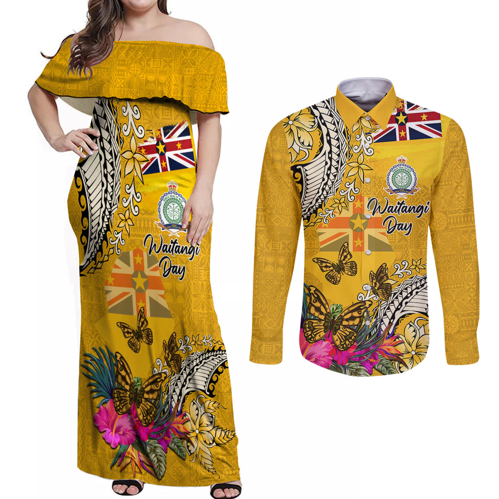 Niue Waitangi Couples Matching Off Shoulder Maxi Dress and Long Sleeve Button Shirt Tropical Flower Tapa Pattern LT03 Yellow - Polynesian Pride