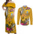 Niue Waitangi Couples Matching Off Shoulder Maxi Dress and Long Sleeve Button Shirt Tropical Flower Tapa Pattern LT03 Yellow - Polynesian Pride