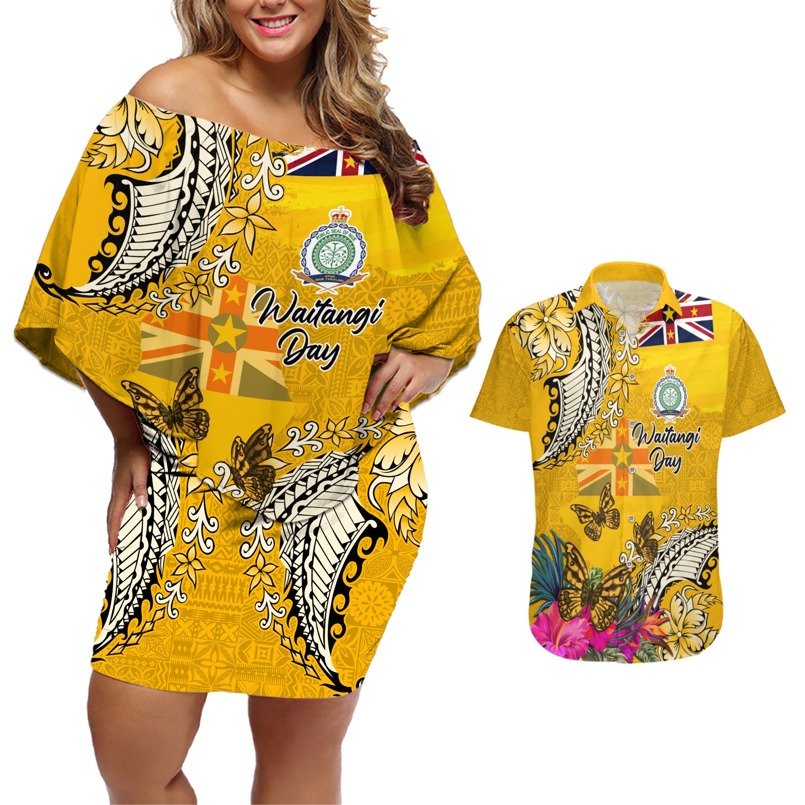 Niue Waitangi Couples Matching Off Shoulder Short Dress and Hawaiian Shirt Tropical Flower Tapa Pattern LT03 Yellow - Polynesian Pride