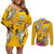 Niue Waitangi Couples Matching Off Shoulder Short Dress and Long Sleeve Button Shirt Tropical Flower Tapa Pattern LT03 Yellow - Polynesian Pride