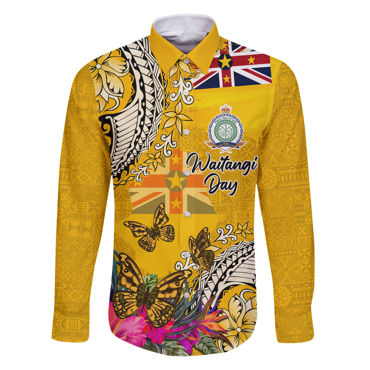 Niue Waitangi Family Matching Long Sleeve Bodycon Dress and Hawaiian Shirt Tropical Flower Tapa Pattern LT03 Dad's Shirt - Long Sleeve Yellow - Polynesian Pride