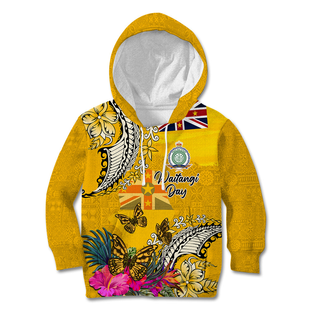 Niue Waitangi Kid Hoodie Tropical Flower Tapa Pattern LT03 Hoodie Yellow - Polynesian Pride