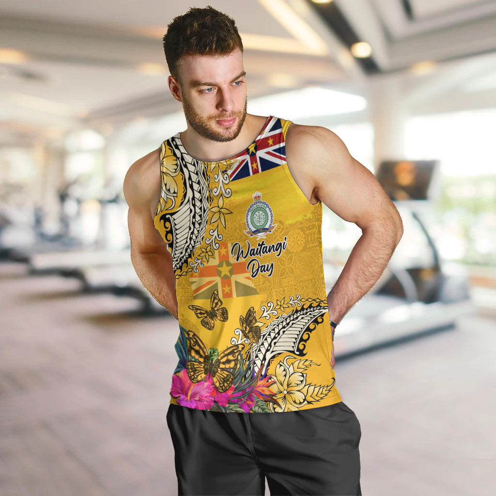 Niue Waitangi Men Tank Top Tropical Flower Tapa Pattern LT03 Yellow - Polynesian Pride