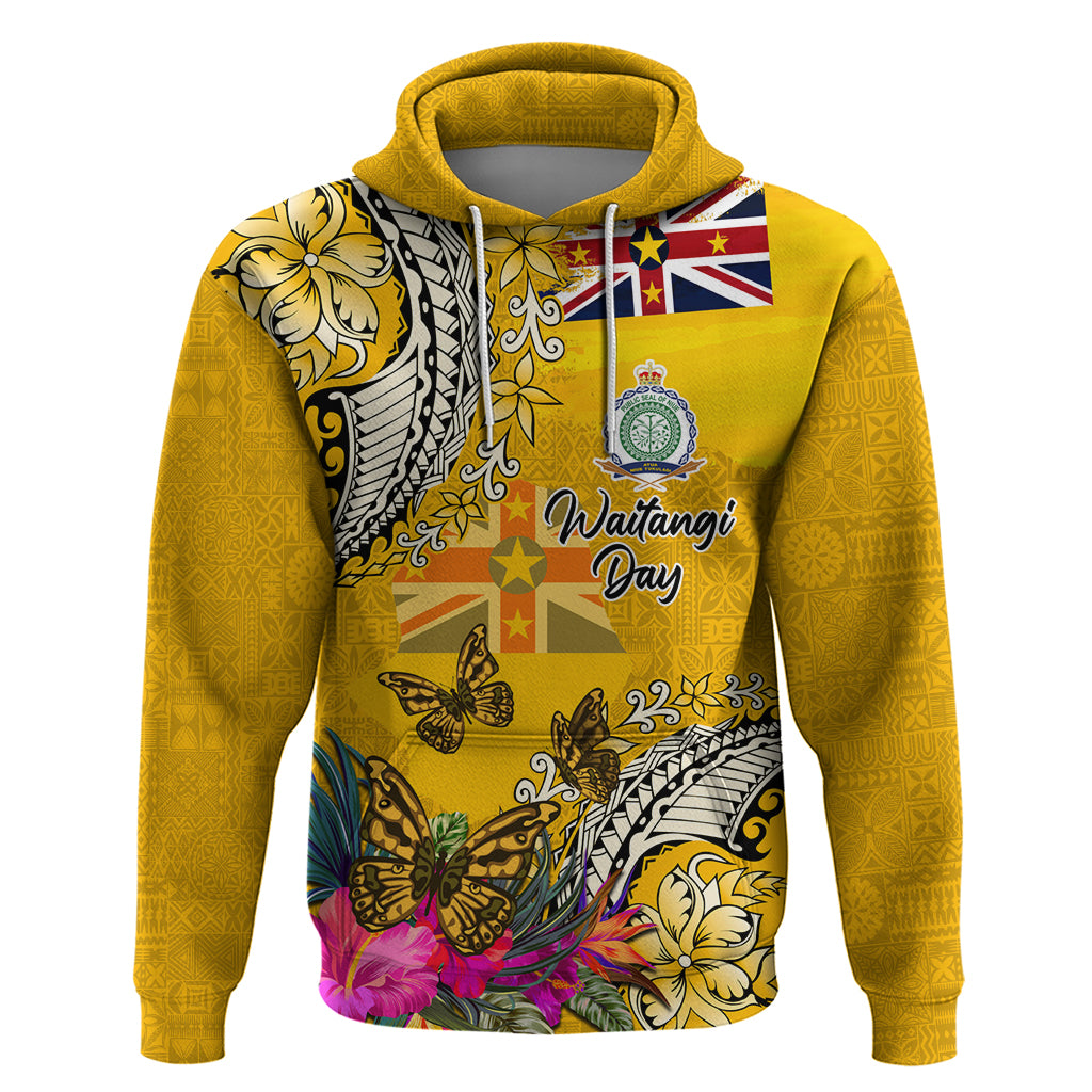 Niue Waitangi Zip Hoodie Tropical Flower Tapa Pattern LT03 Pullover Hoodie Yellow - Polynesian Pride