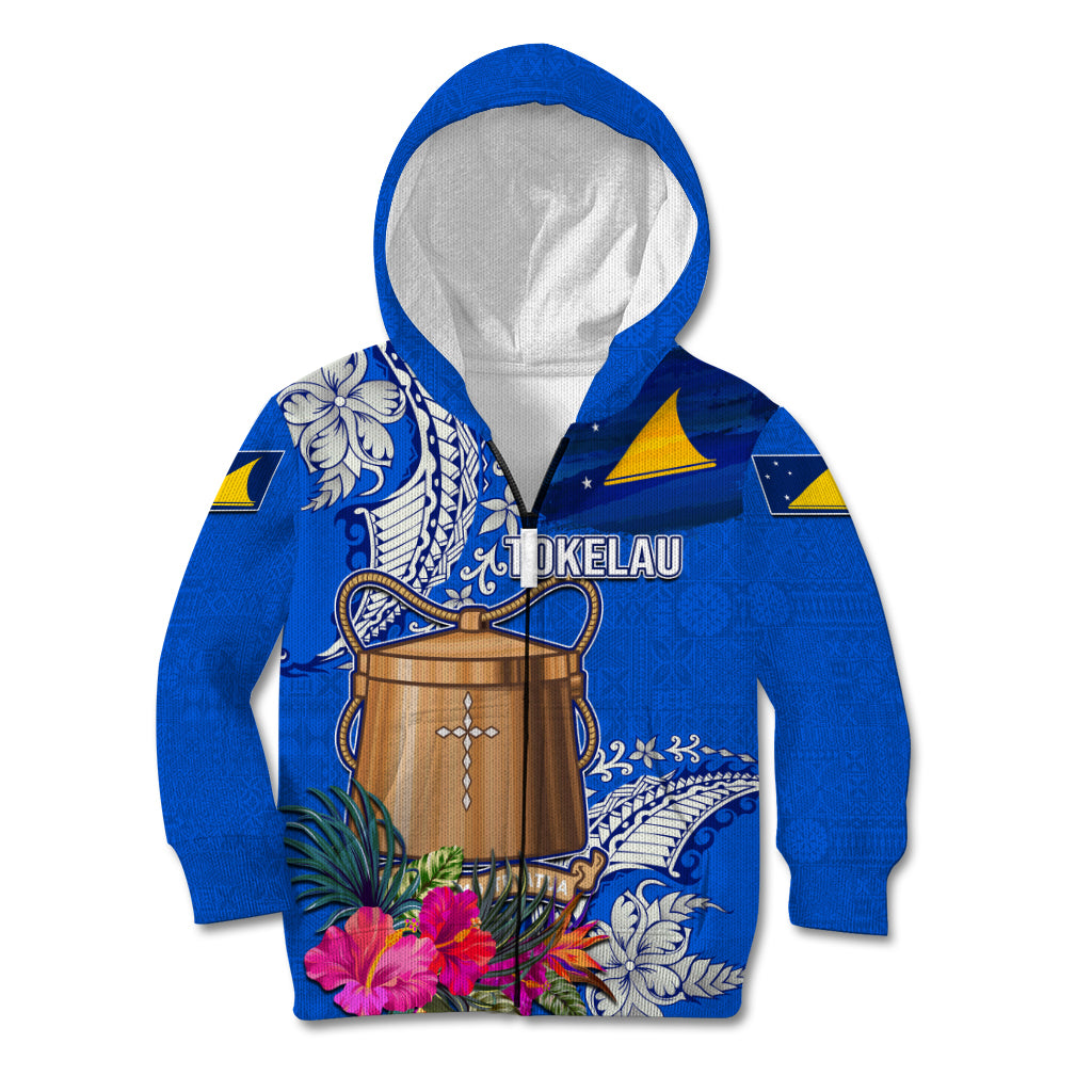 Tokelau Waitangi Kid Hoodie Tropical Flower Tapa Pattern LT03 Zip Hoodie Blue - Polynesian Pride