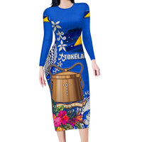 Tokelau Waitangi Long Sleeve Bodycon Dress Tropical Flower Tapa Pattern LT03 Long Dress Blue - Polynesian Pride