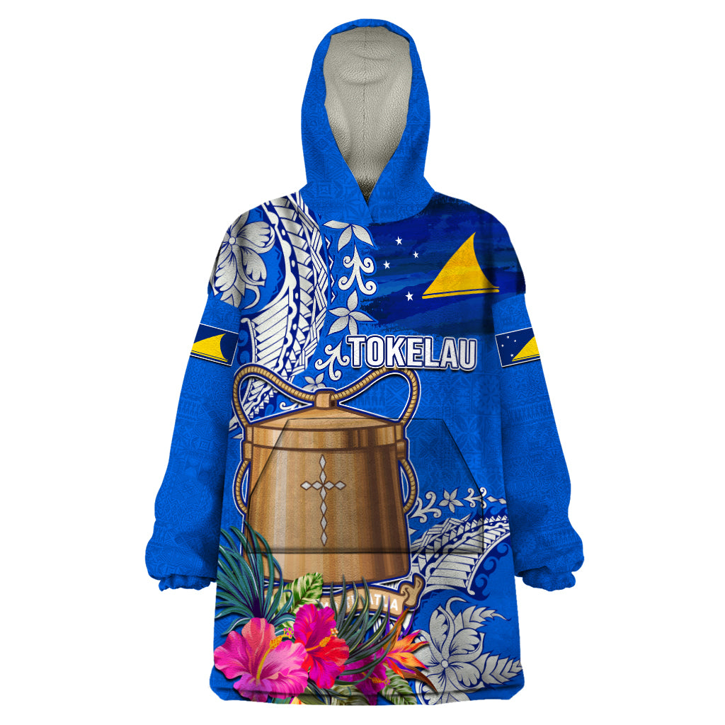 Tokelau Waitangi Wearable Blanket Hoodie Tropical Flower Tapa Pattern LT03 One Size Blue - Polynesian Pride