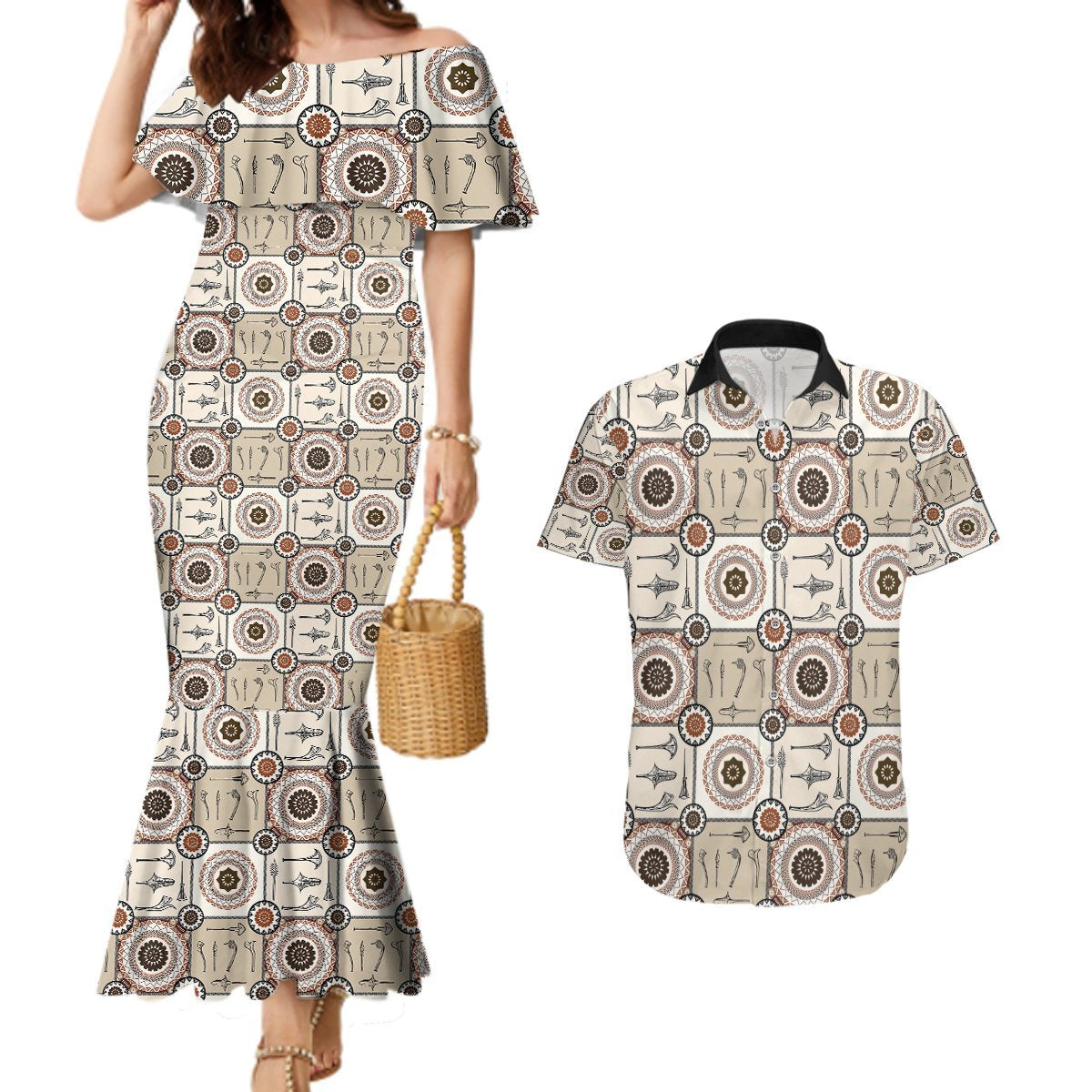 Tukenny Pattern Fijian War Clubs Couples Matching Mermaid Dress and Hawaiian Shirt LT03 Beige - Polynesian Pride