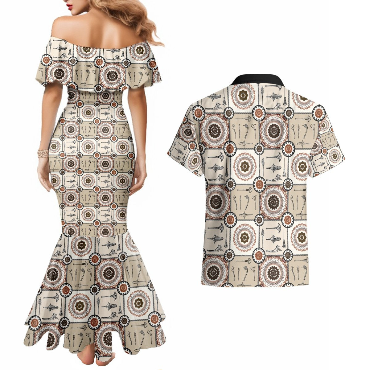 Tukenny Pattern Fijian War Clubs Couples Matching Mermaid Dress and Hawaiian Shirt LT03 - Polynesian Pride