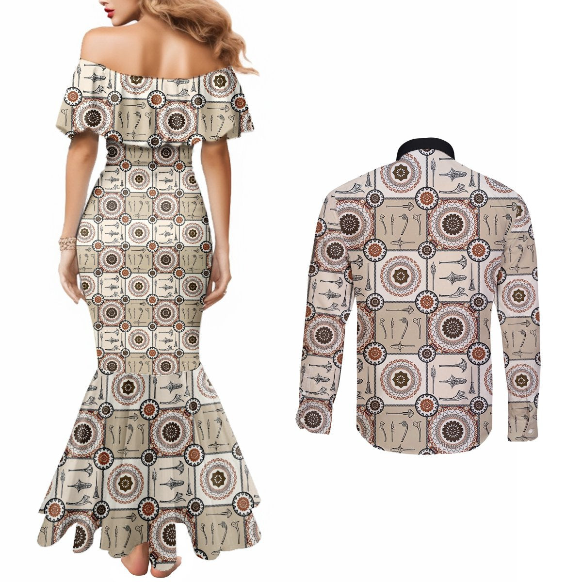 Tukenny Pattern Fijian War Clubs Couples Matching Mermaid Dress and Long Sleeve Button Shirt LT03 - Polynesian Pride