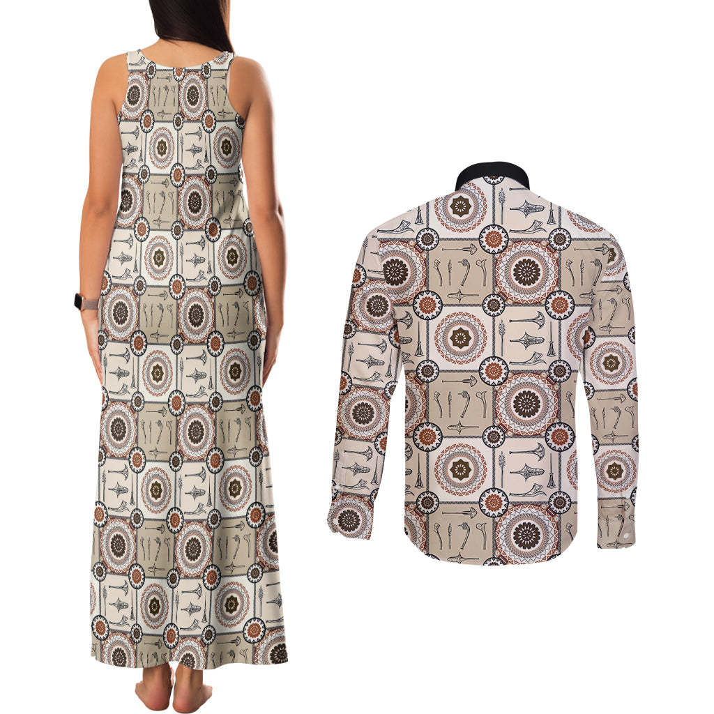 Tukenny Pattern Fijian War Clubs Couples Matching Tank Maxi Dress and Long Sleeve Button Shirt LT03 - Polynesian Pride