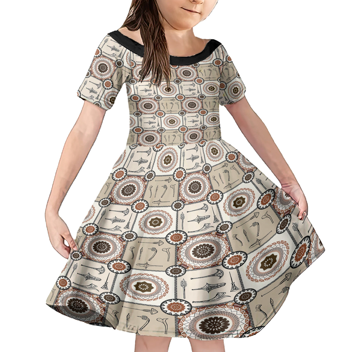 Tukenny Pattern Fijian War Clubs Family Matching Short Sleeve Bodycon Dress and Hawaiian Shirt LT03 Daughter's Dress Beige - Polynesian Pride