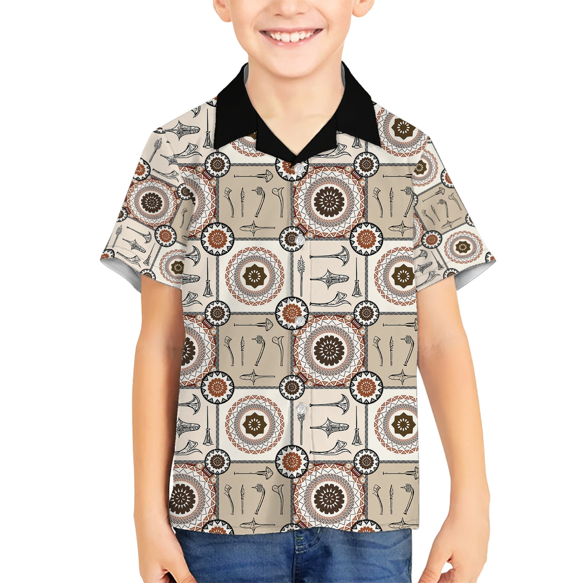 Tukenny Pattern Fijian War Clubs Family Matching Short Sleeve Bodycon Dress and Hawaiian Shirt LT03 Son's Shirt Beige - Polynesian Pride