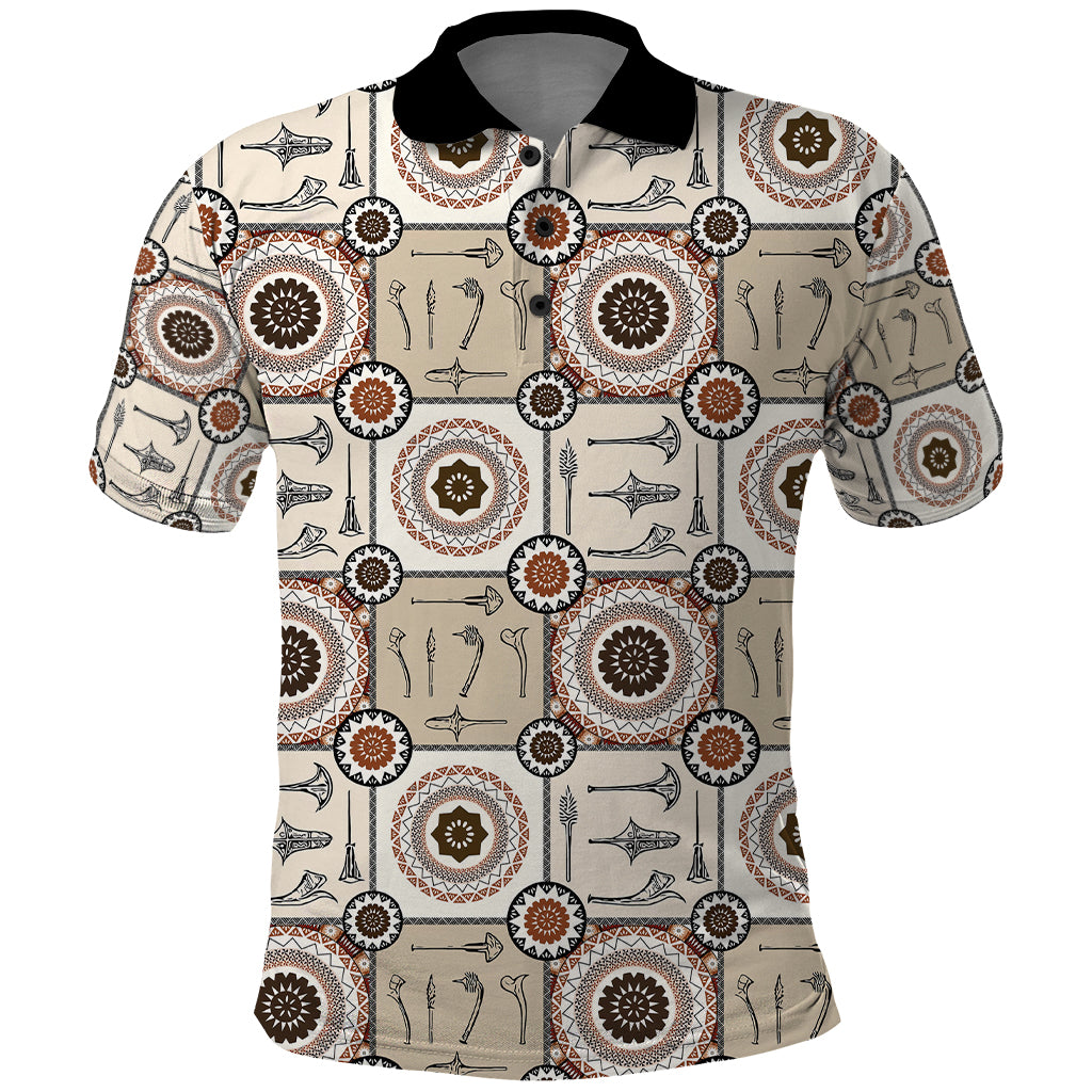 Tukenny Pattern Fijian War Clubs Polo Shirt LT03 Beige - Polynesian Pride