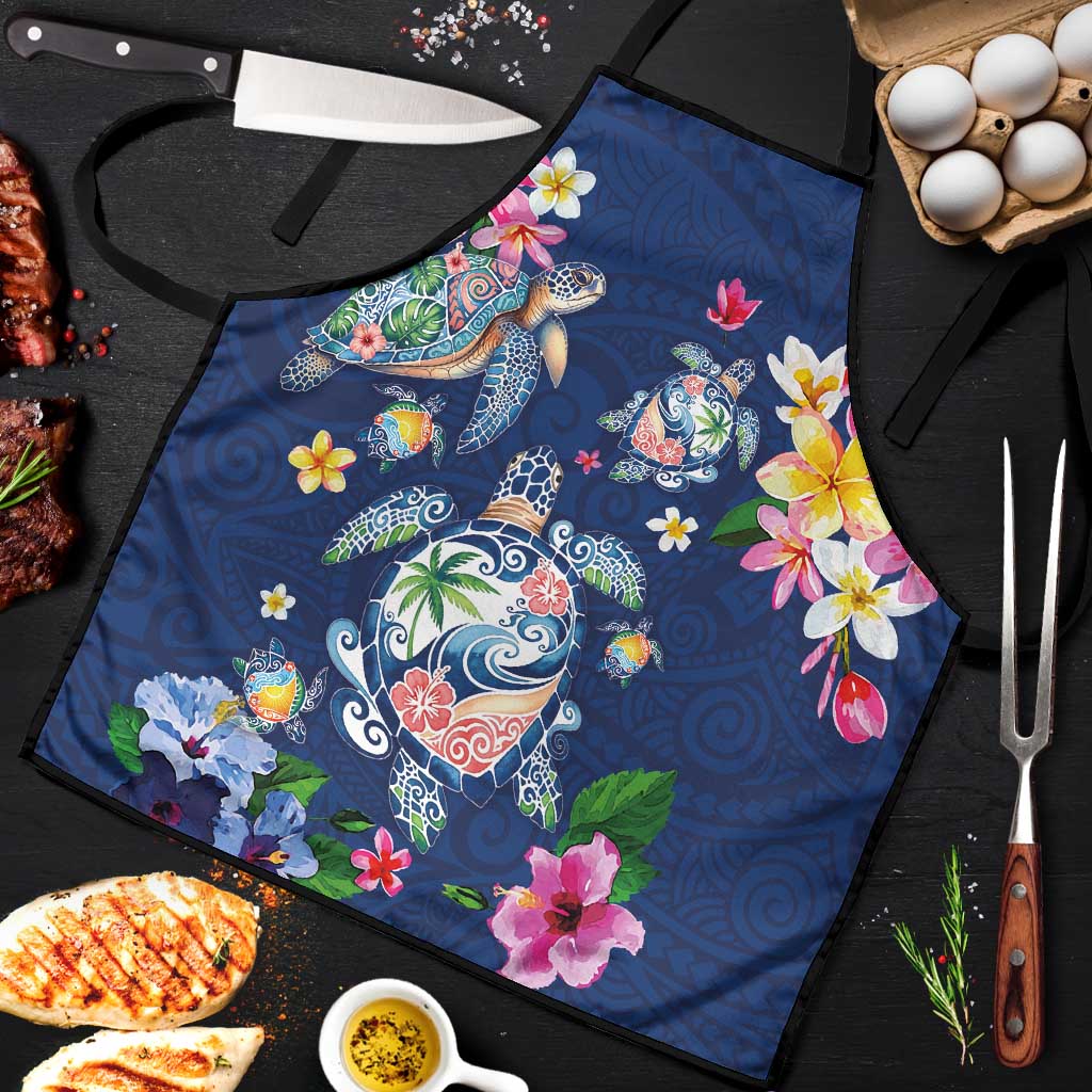 Hawaiian Turtles and Tropical Plants Apron Blue Watercolor