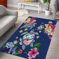 Hawaiian Turtles and Tropical Plants Area Rug Blue Watercolor