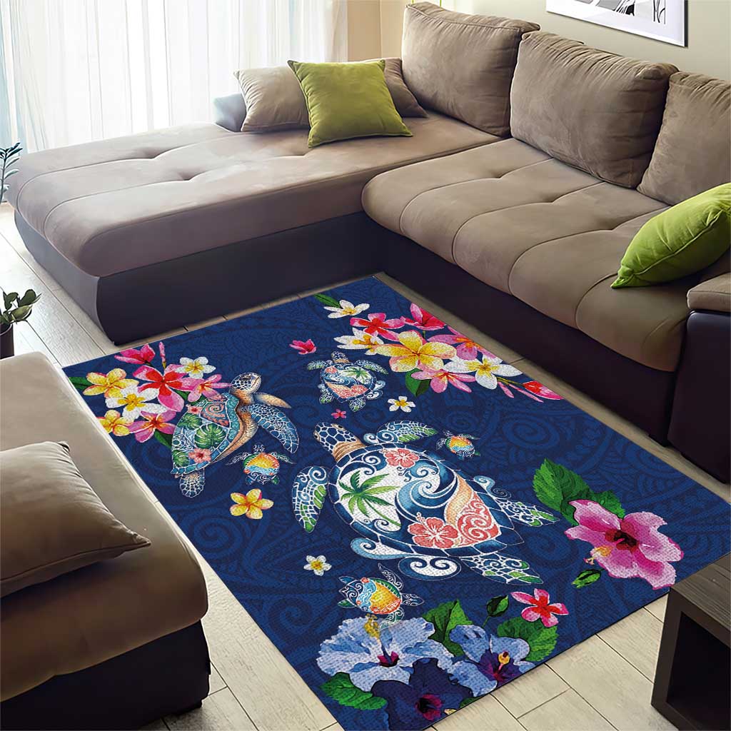 Hawaiian Turtles and Tropical Plants Area Rug Blue Watercolor