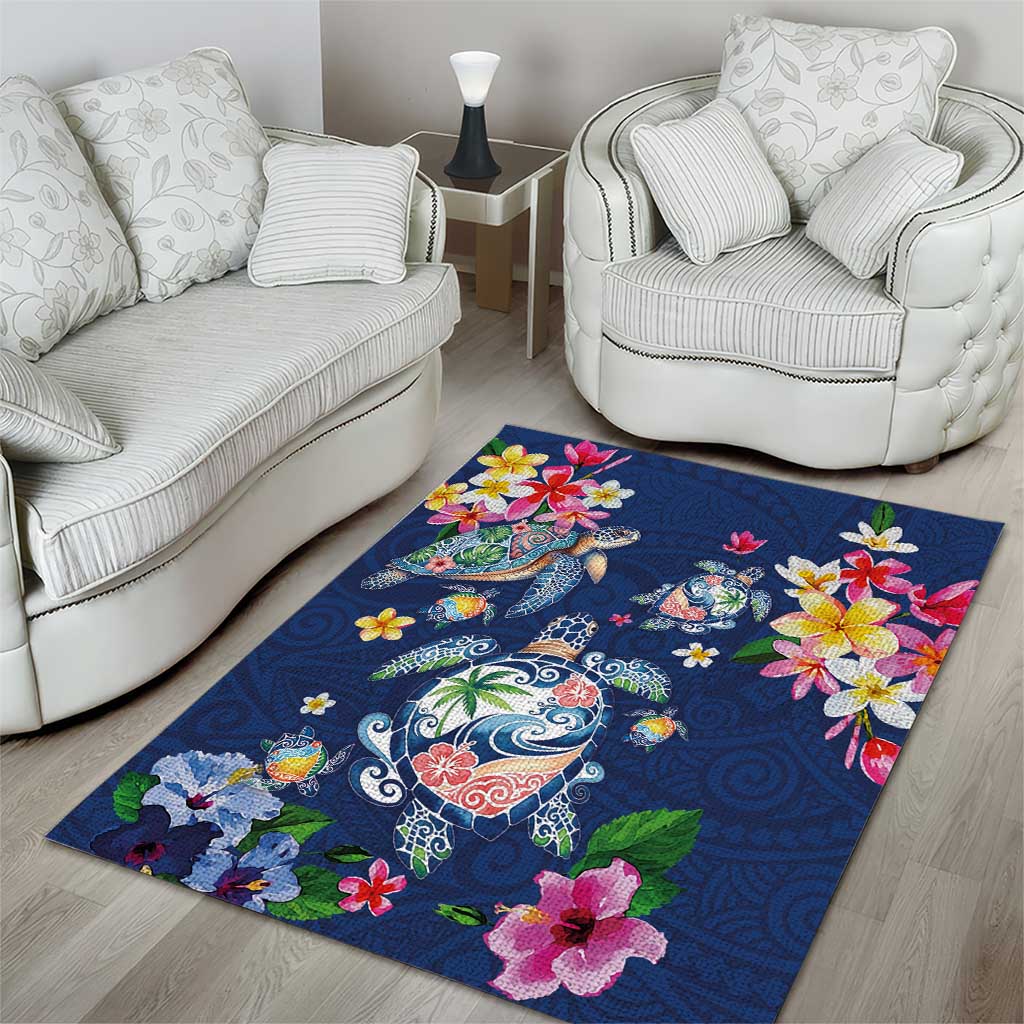 Hawaiian Turtles and Tropical Plants Area Rug Blue Watercolor