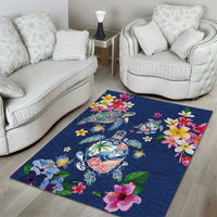 Hawaiian Turtles and Tropical Plants Area Rug Blue Watercolor