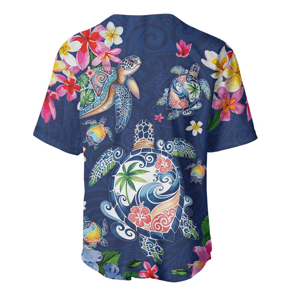 Hawaiian Turtles and Tropical Plants Baseball Jersey Blue Watercolor