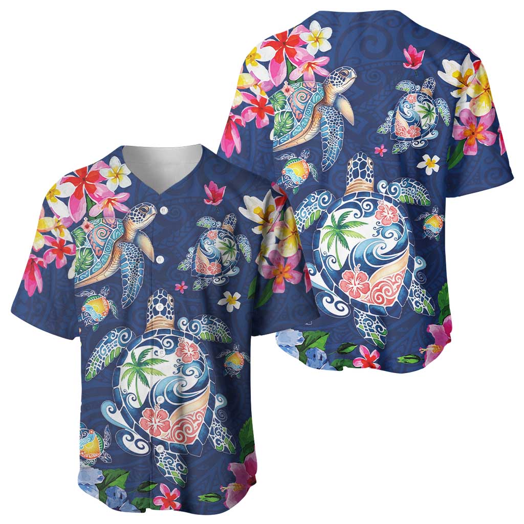 Hawaiian Turtles and Tropical Plants Baseball Jersey Blue Watercolor