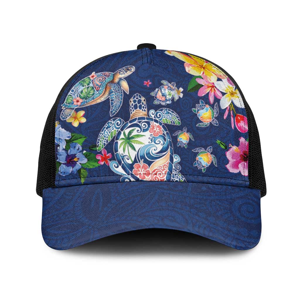 Hawaiian Turtles and Tropical Plants Baseball Net Cap Blue Watercolor