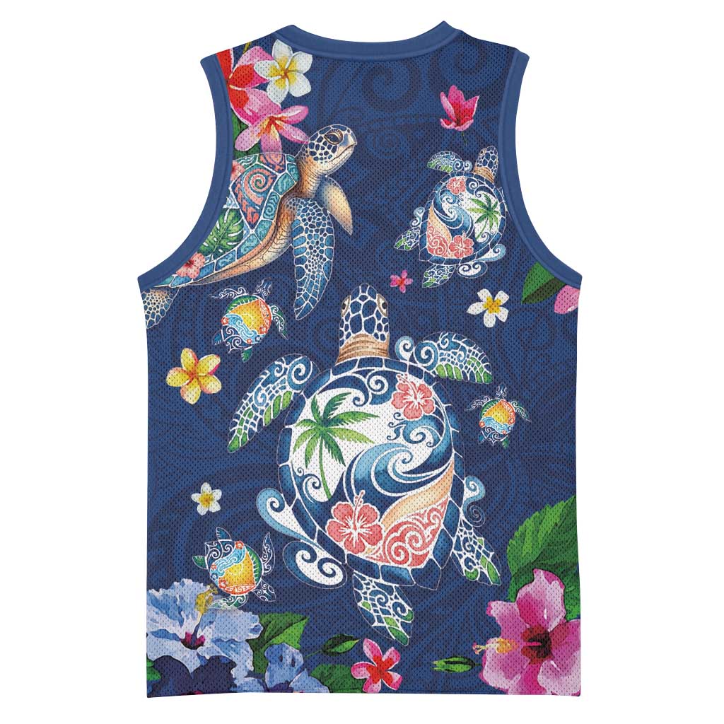 Hawaiian Turtles and Tropical Plants Basketball Jersey Blue Watercolor