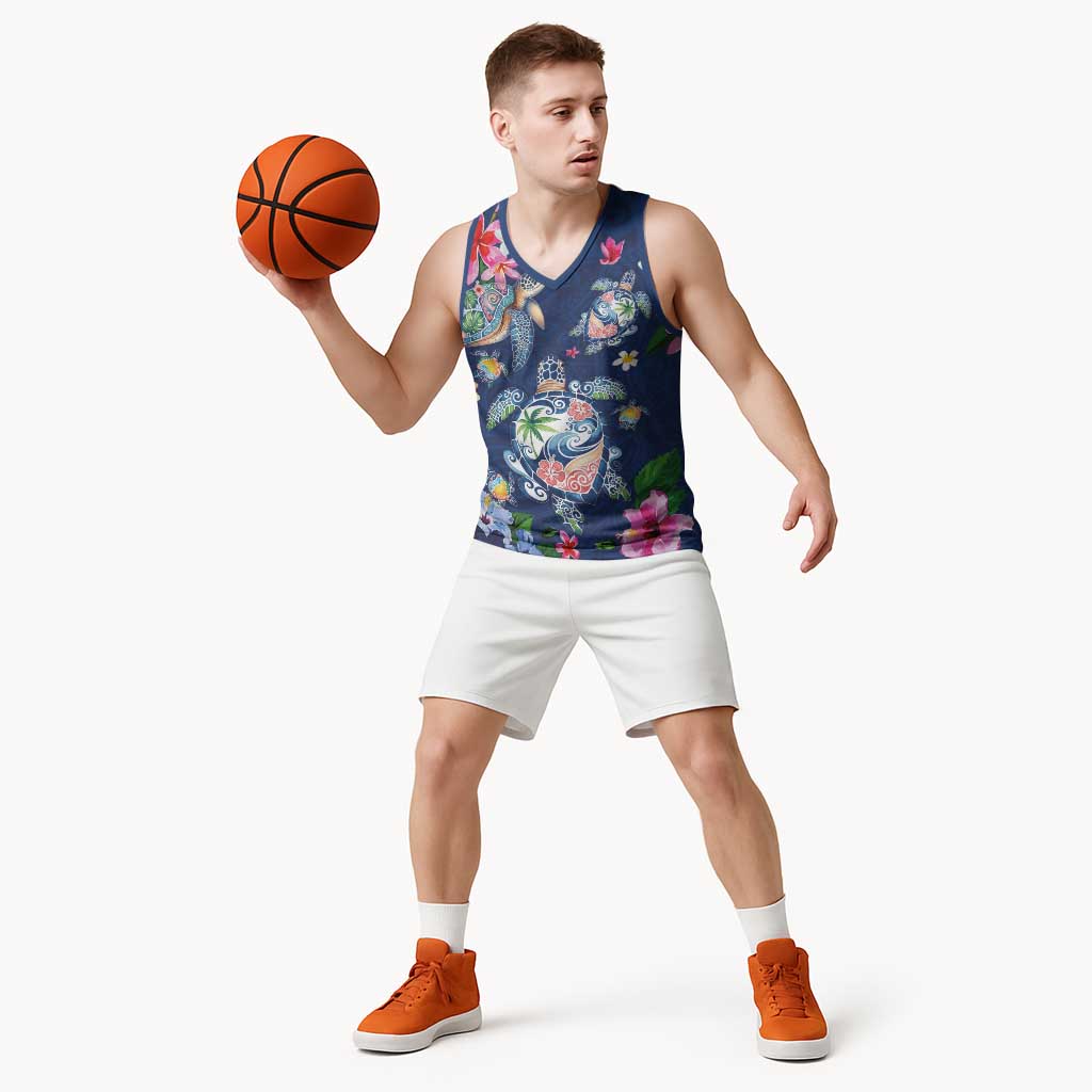 Hawaiian Turtles and Tropical Plants Basketball Jersey Blue Watercolor
