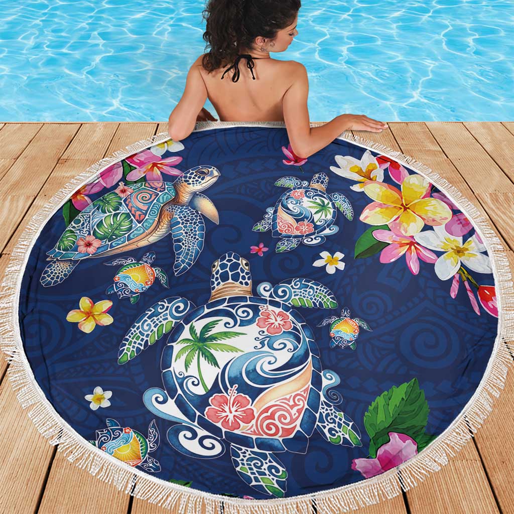 Hawaiian Turtles and Tropical Plants Beach Blanket Blue Watercolor