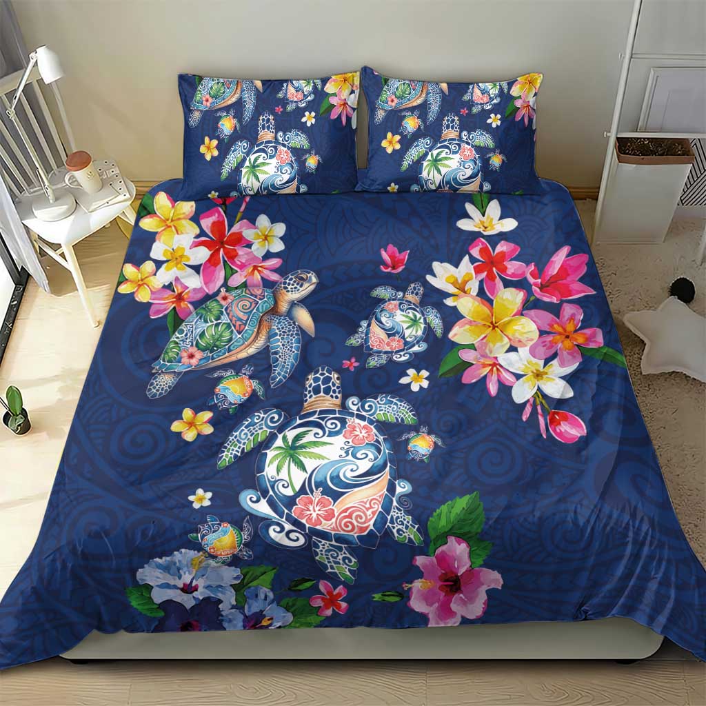 Hawaiian Turtles and Tropical Plants Bedding Set Blue Watercolor