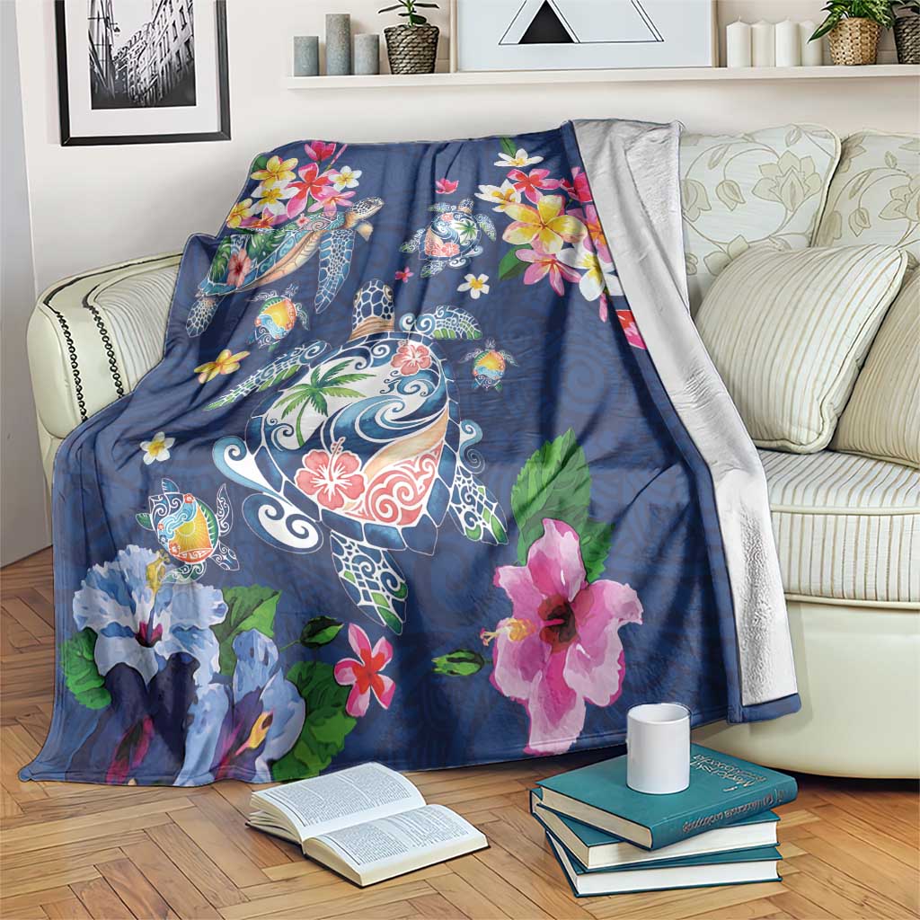 Hawaiian Turtles and Tropical Plants Blanket Blue Watercolor