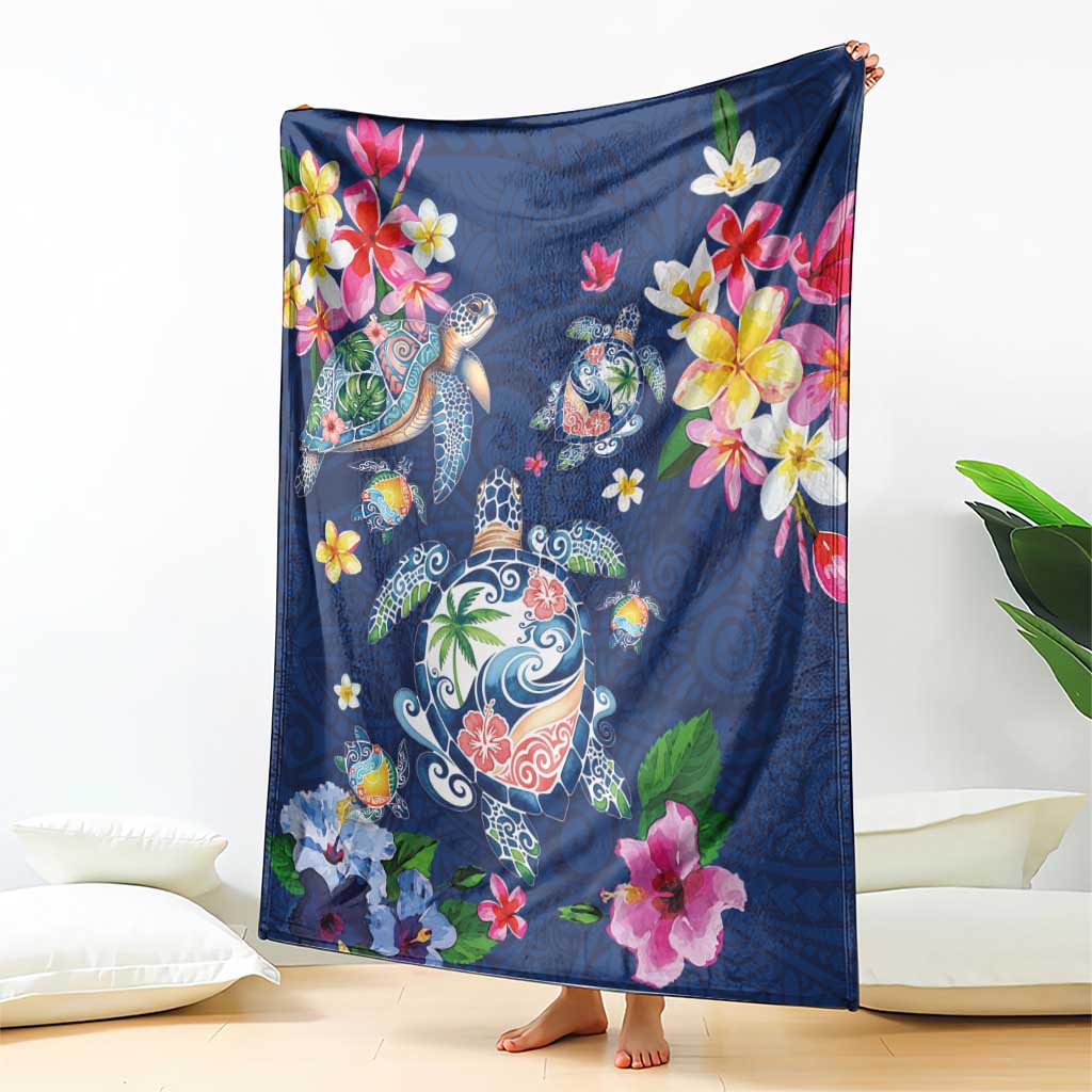 Hawaiian Turtles and Tropical Plants Blanket Blue Watercolor