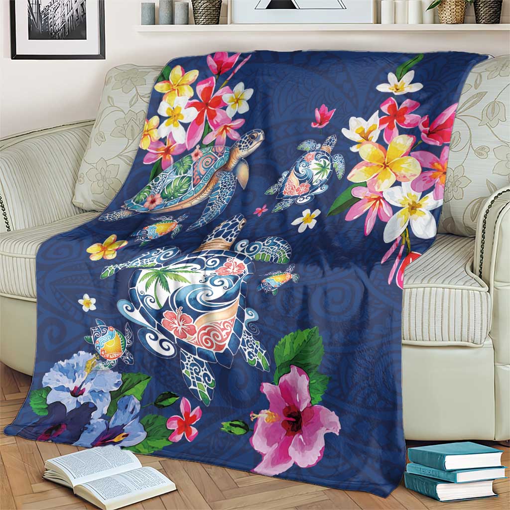 Hawaiian Turtles and Tropical Plants Blanket Blue Watercolor