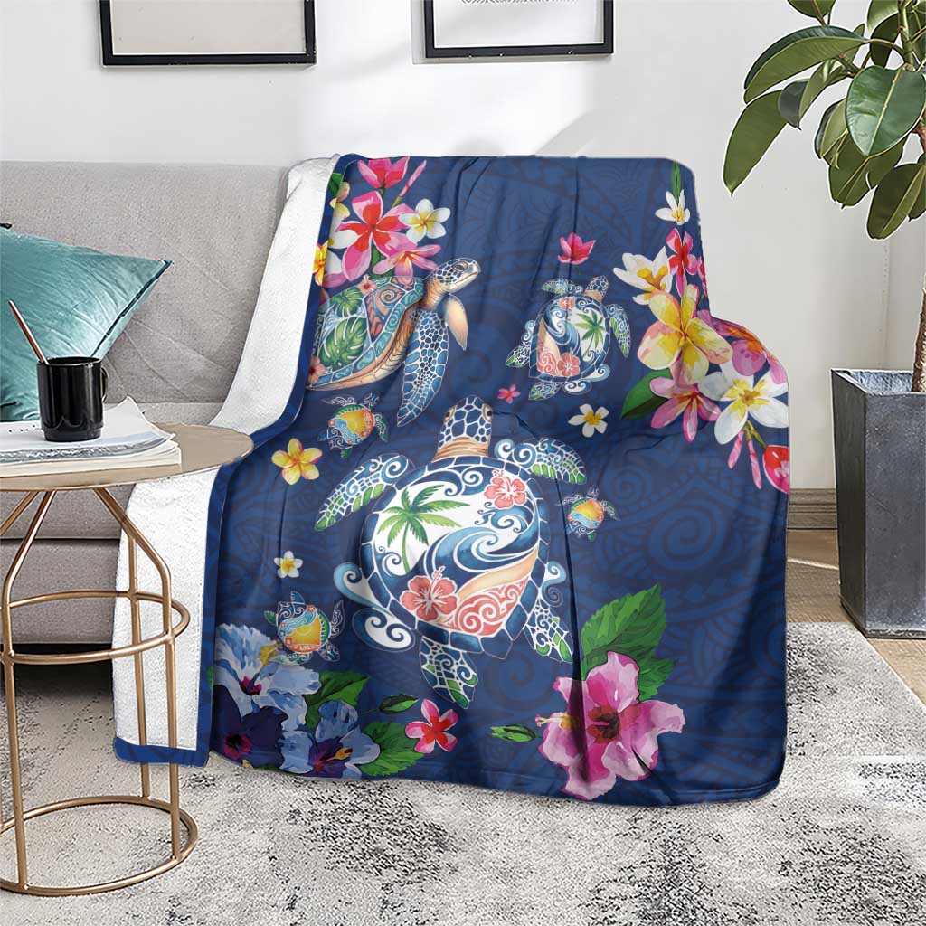 Hawaiian Turtles and Tropical Plants Blanket Blue Watercolor