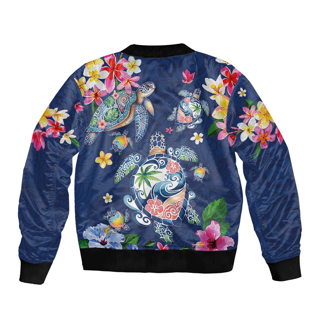 Hawaiian Turtles and Tropical Plants Bomber Jacket Blue Watercolor