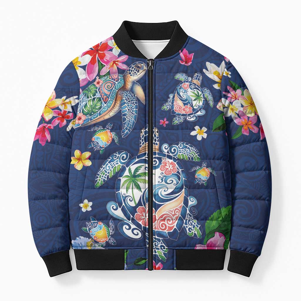 Hawaiian Turtles and Tropical Plants Bomber Puffer Jacket Blue Watercolor