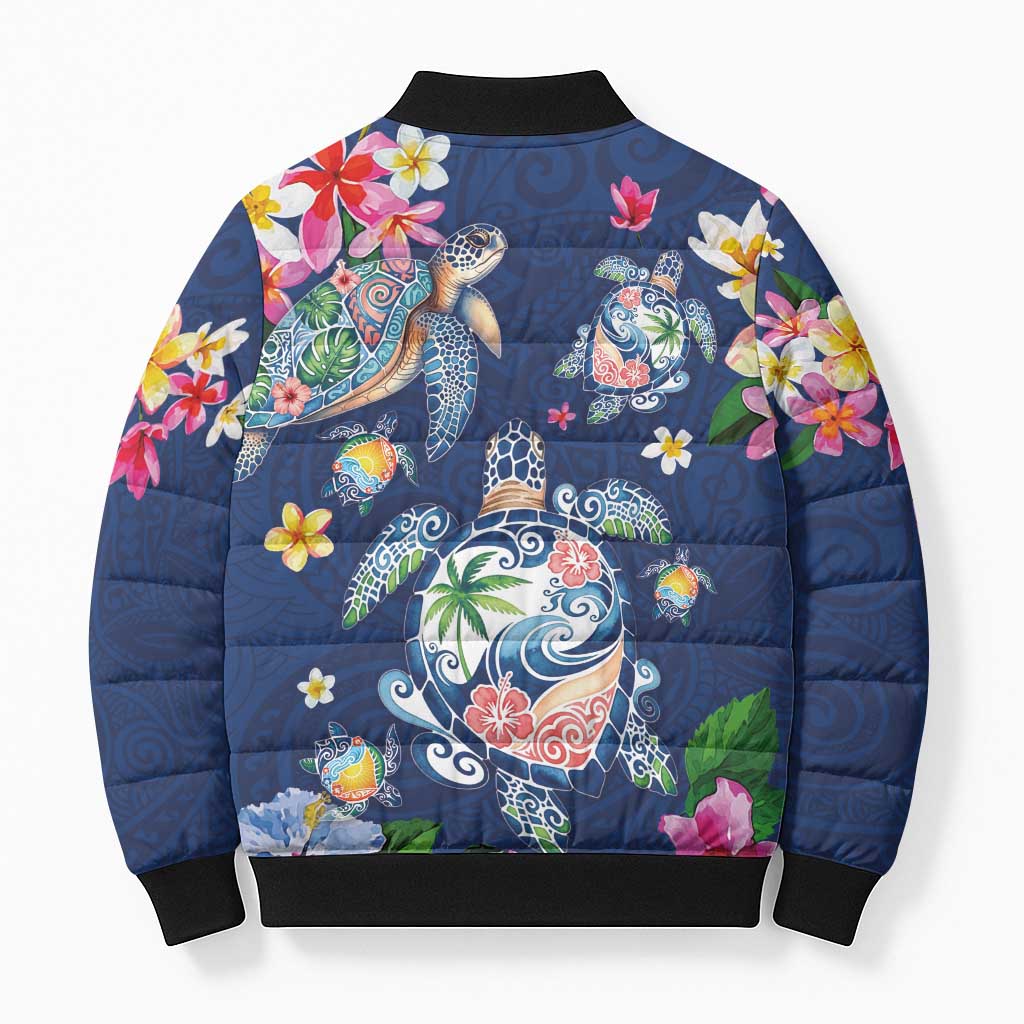 Hawaiian Turtles and Tropical Plants Bomber Puffer Jacket Blue Watercolor