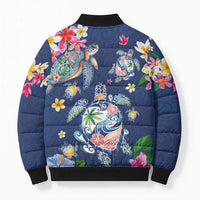 Hawaiian Turtles and Tropical Plants Bomber Puffer Jacket Blue Watercolor